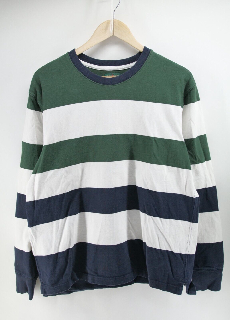 J Crew Always Sweatshirt Men's M Green White Blue Stripe Cotton Preppy Crew Neck